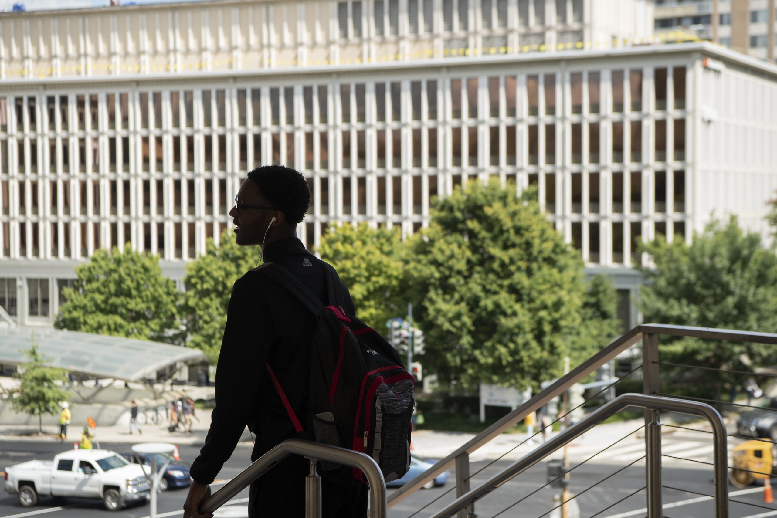 student outside of campus building